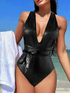 Deep V Neck Lace Up Slim One Piece color27 / S