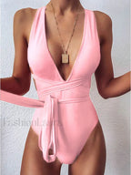 Deep V Neck Lace Up Slim One Piece color4 / S