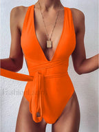 Deep V Neck Lace Up Slim One Piece color9 / S