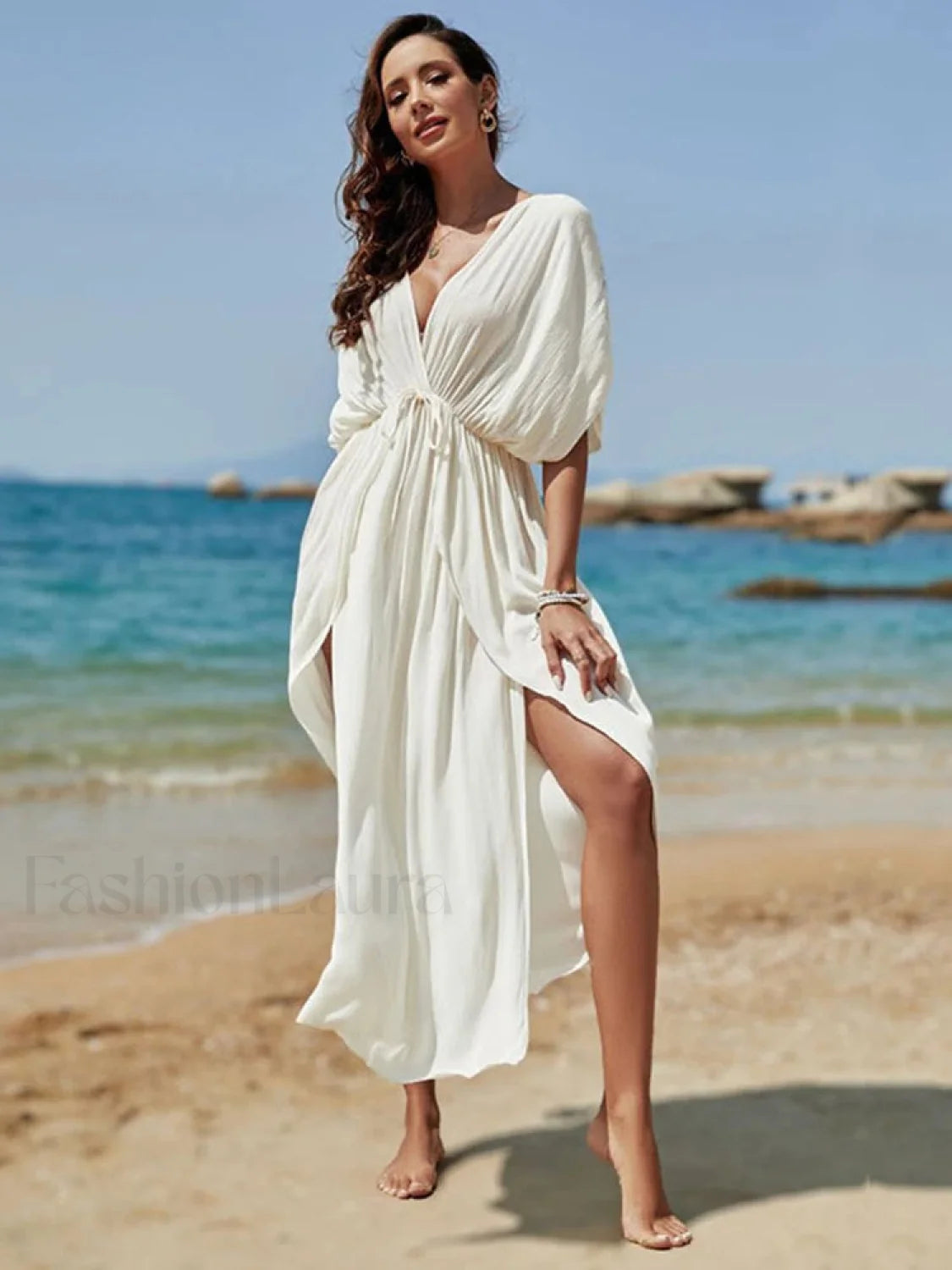 Deep V Neck Slit Cut Loose Cover Up WHITE / One Size Main image