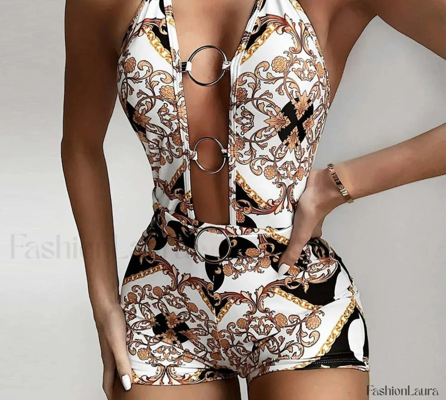 Deep V Ring Print Vintage One Piece black / S