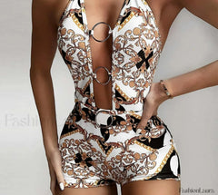 Deep V Ring Print Vintage One Piece black / S