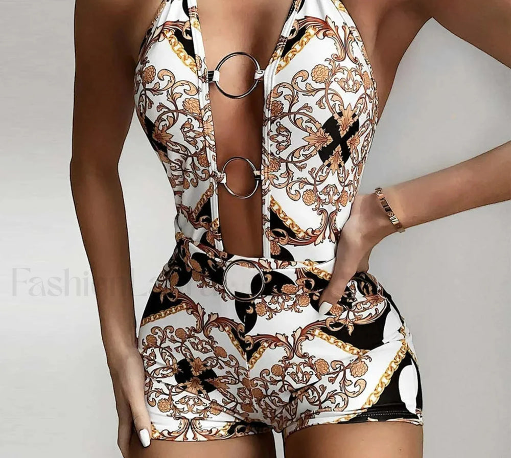 Deep V Ring Print Vintage One Piece black / S