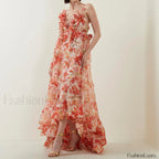 Deep V Ruffle Floral Dress