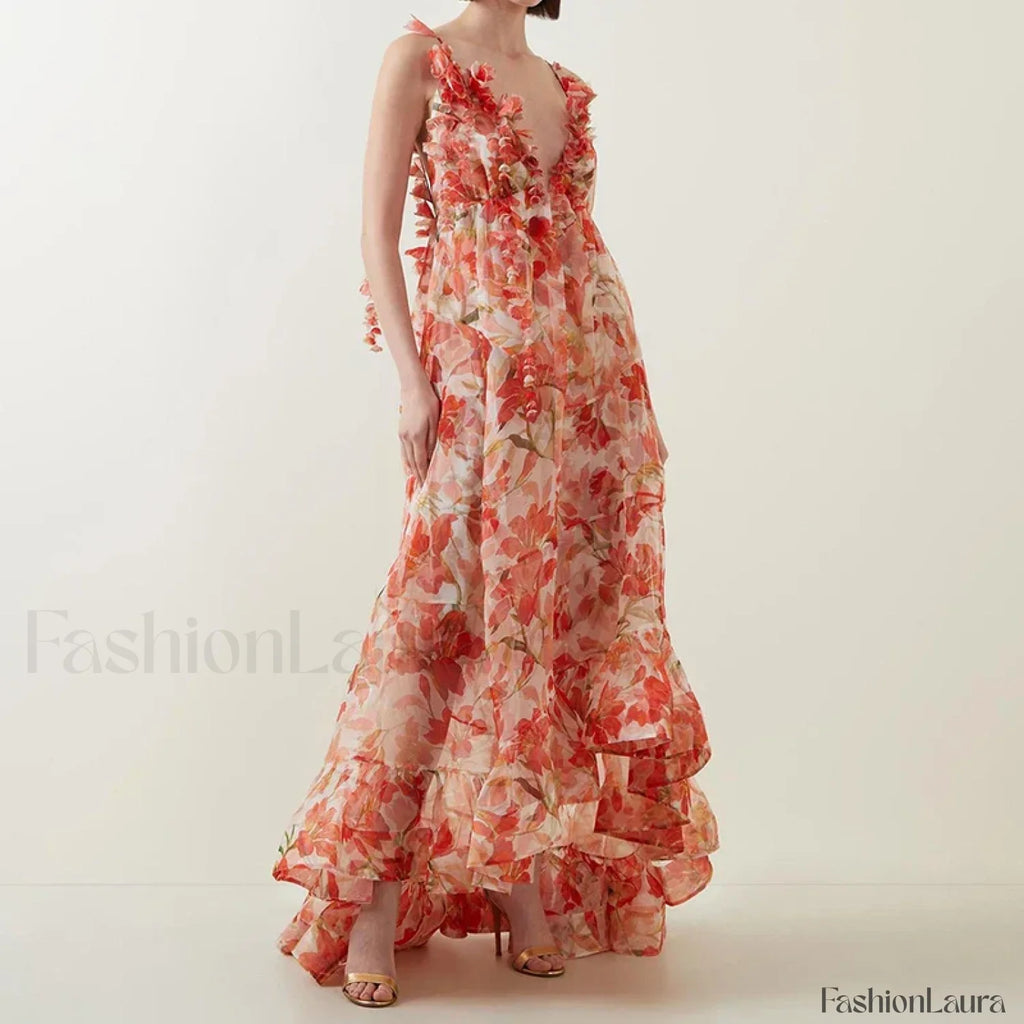 Deep V Ruffle Floral Dress