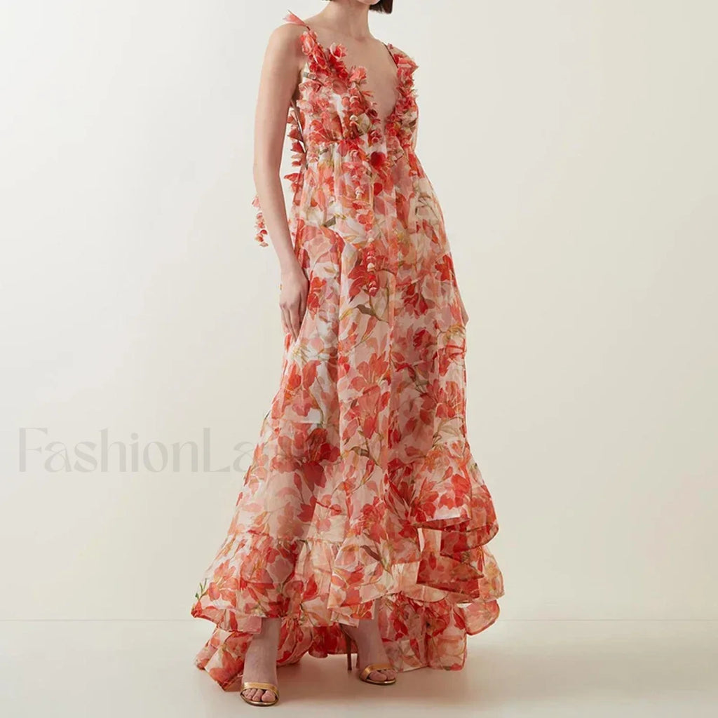 Deep V Ruffle Floral Dress