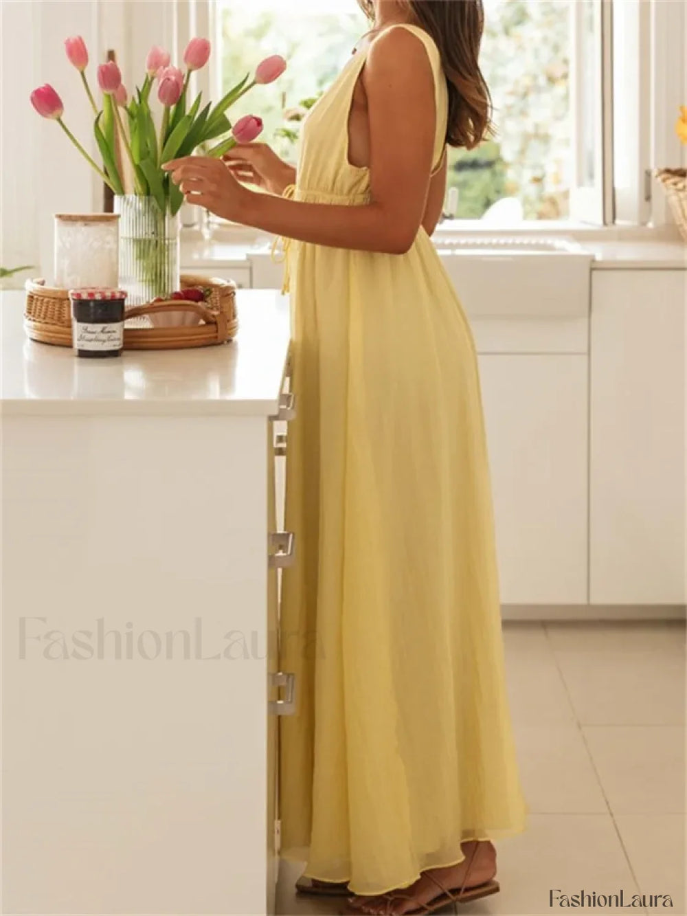 Deep V Tie Solid Color Maxi Dress