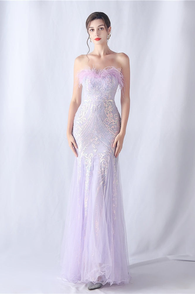Ostrich Feather Sequin Evening Party Dress Purple / S Main image