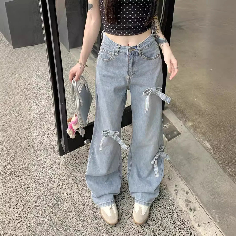 Denim Bow High Trendy Waist Wide Leg Jeans women clothing