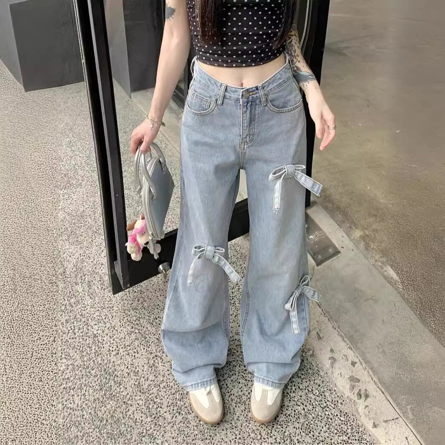 Denim Bow High Trendy Waist Wide Leg Jeans women clothing