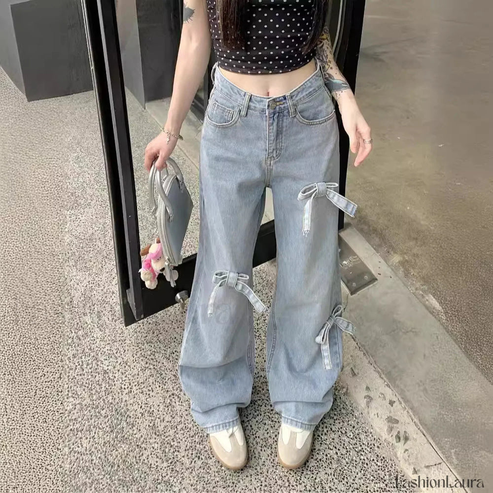 Denim Bow High Trendy Waist Wide Leg Jeans women clothing