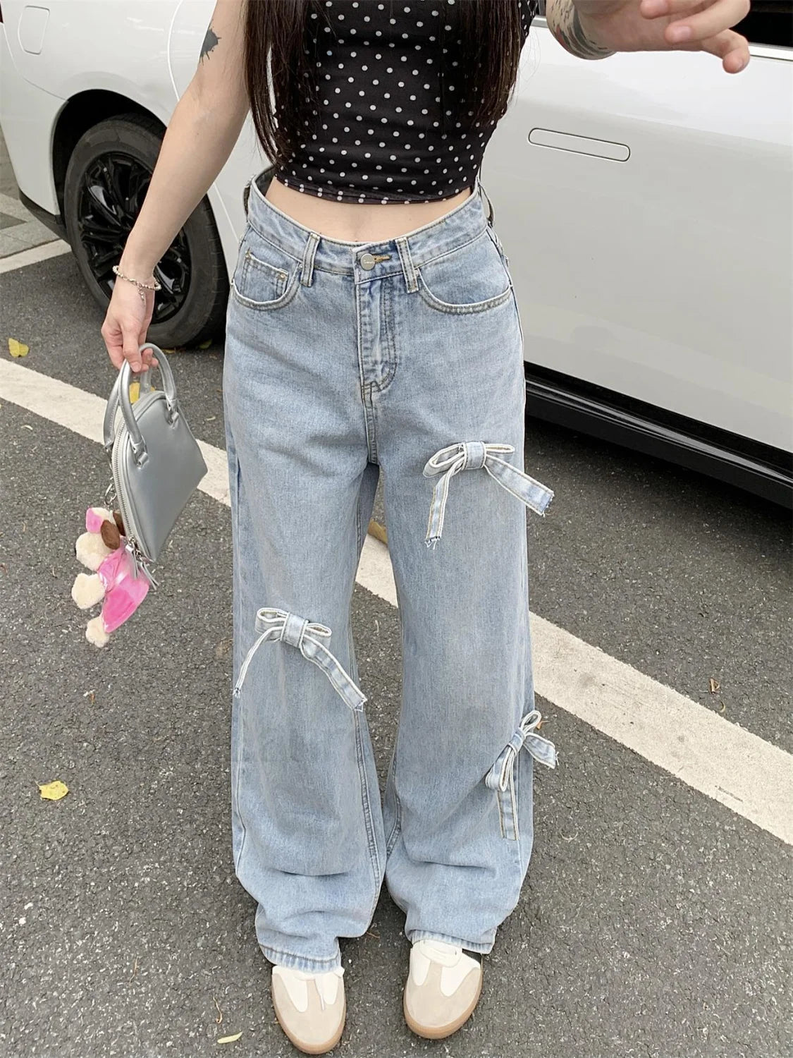 Denim Bow High Trendy Waist Wide Leg Jeans women clothing
