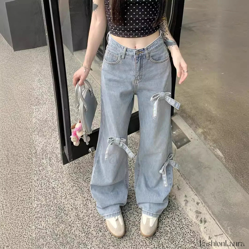 Denim Bow High Trendy Waist Wide Leg Jeans women clothing