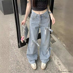Denim Bow High Trendy Waist Wide Leg Jeans women clothing