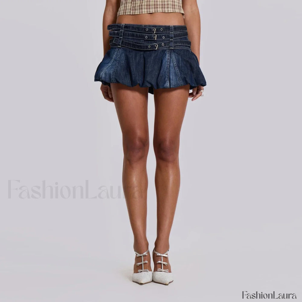 Denim Buckled Bubble Mini Skirt
