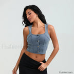 Denim Button Square Crop Top