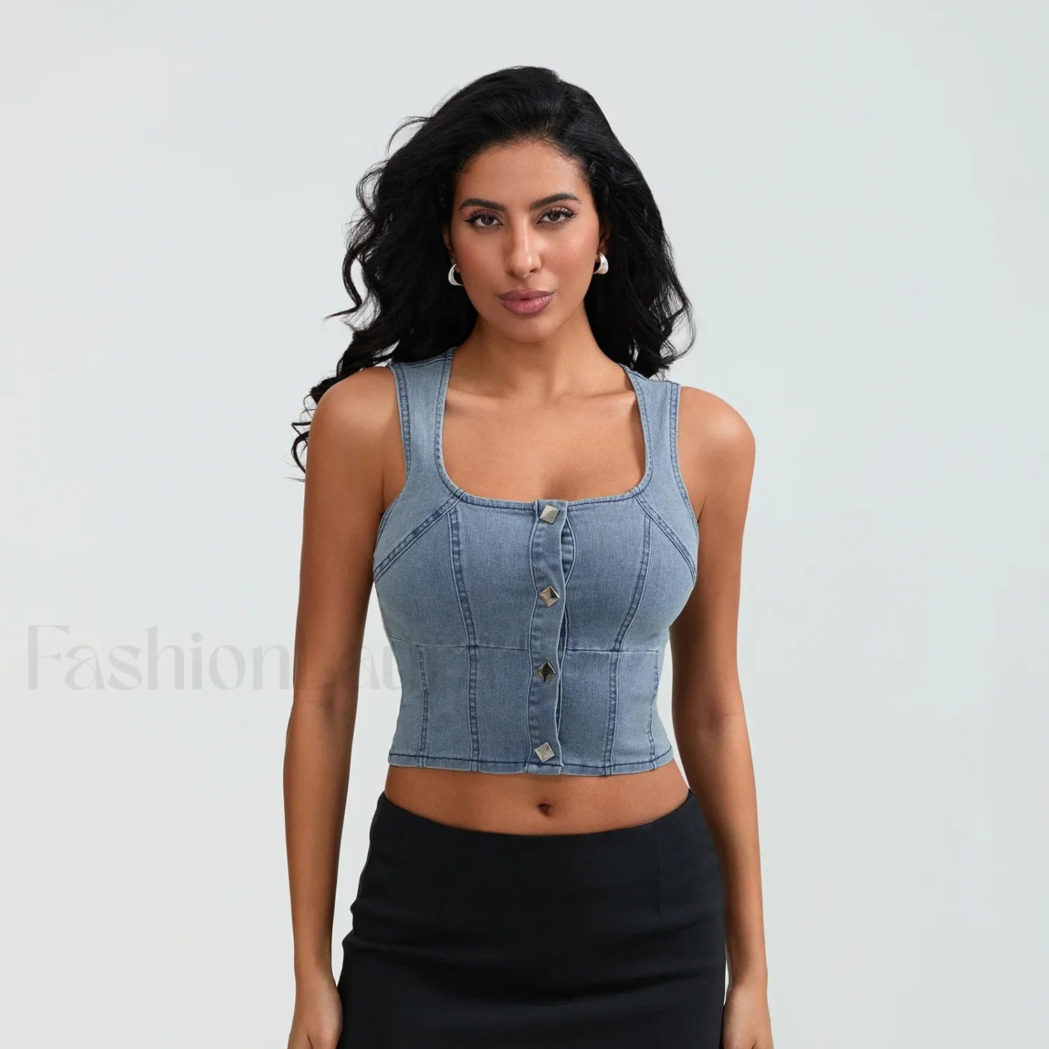 Denim Button Square Crop Top Blue / S Main image
