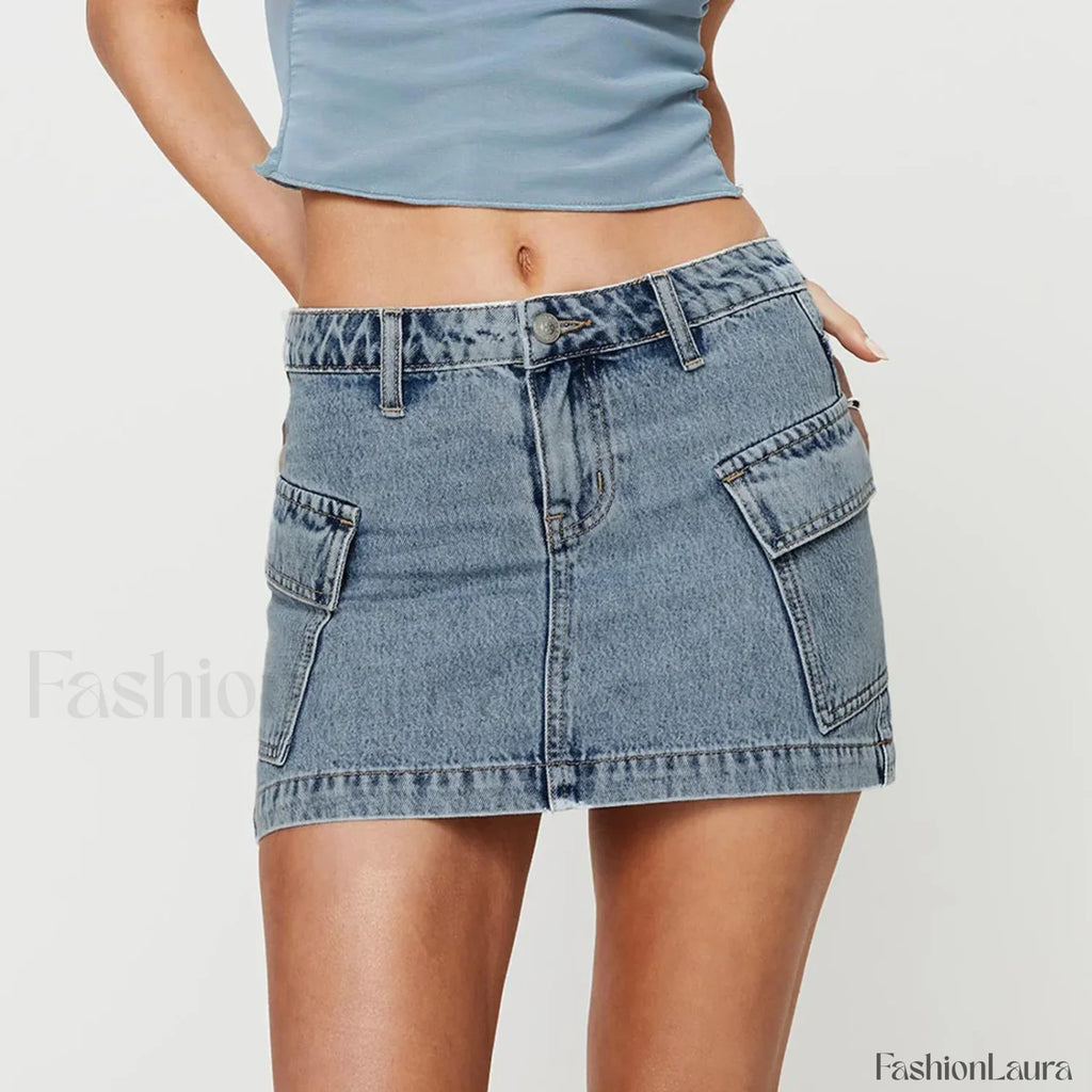 Denim Cargo Pocket Low Waist Skirt Dark Blue / S