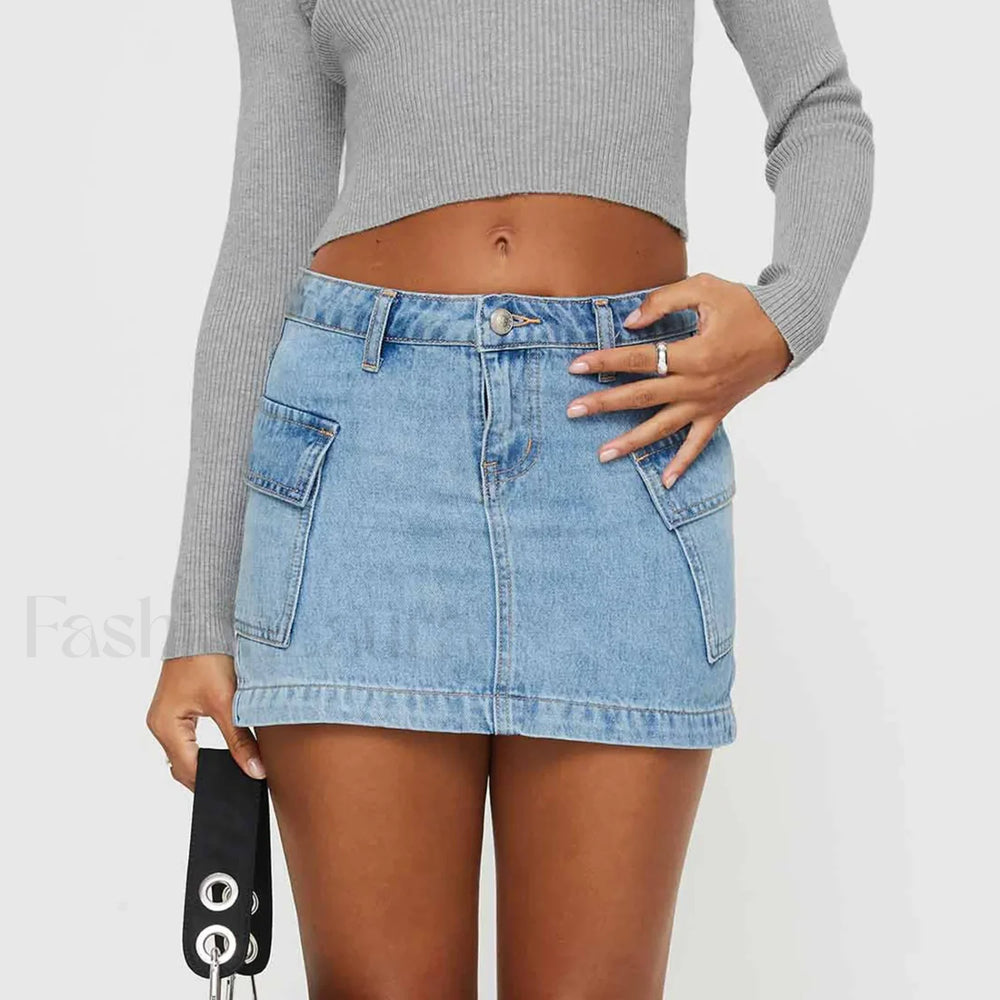 Denim Cargo Pocket Low Waist Skirt Light Blue / S