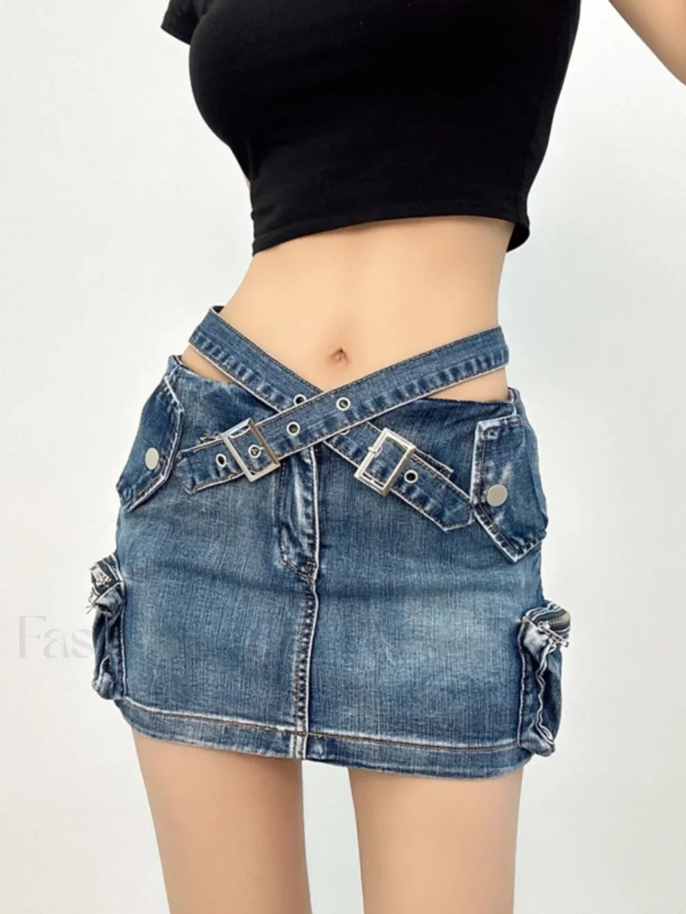 Denim Multi Pocket Wrap Mini Skirt