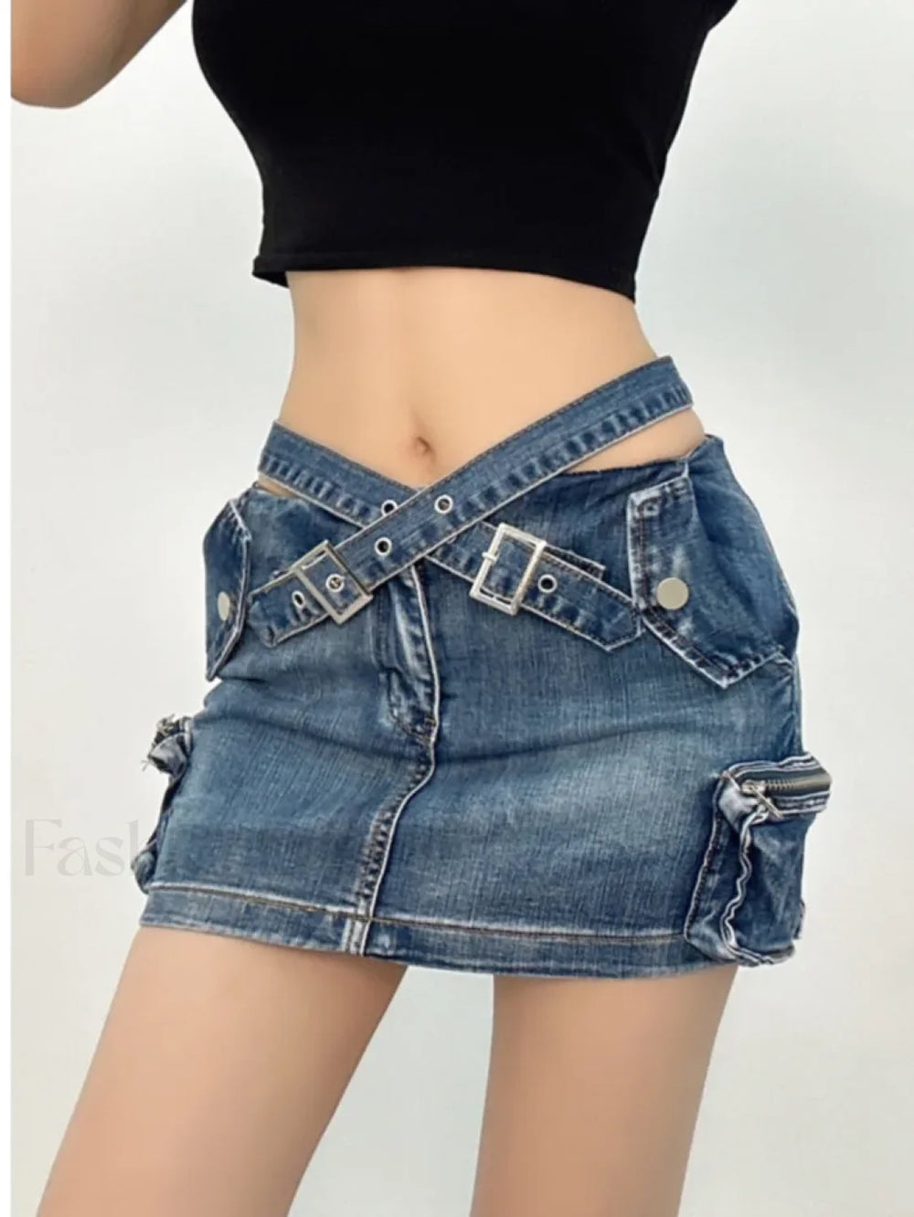 Denim Multi Pocket Wrap Mini Skirt