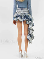 Denim Patchwork Ruffle Slimming Skirt BLUE / S