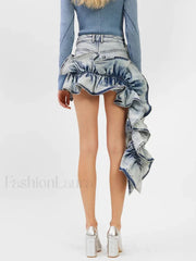 Denim Patchwork Ruffle Slimming Skirt BLUE / S