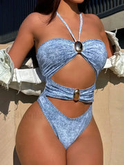 Denim Print Halter Cut Out One Piece Denim / S
