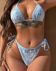 Denim Strappy Halter Bikini Set