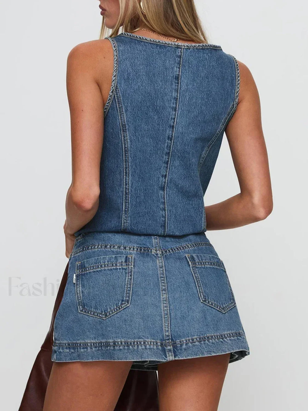 Denim Tie Up Front Top Mini Skirt Two Piece Set