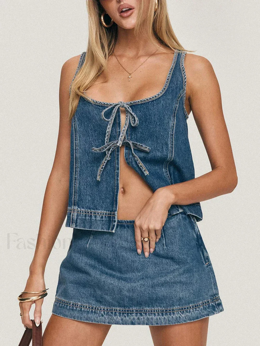 Denim Tie Up Front Top Mini Skirt Two Piece Set