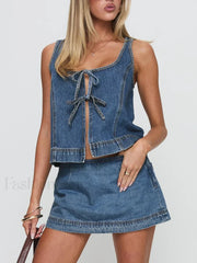 Denim Tie Up Front Top Mini Skirt Two Piece Set Blue / S