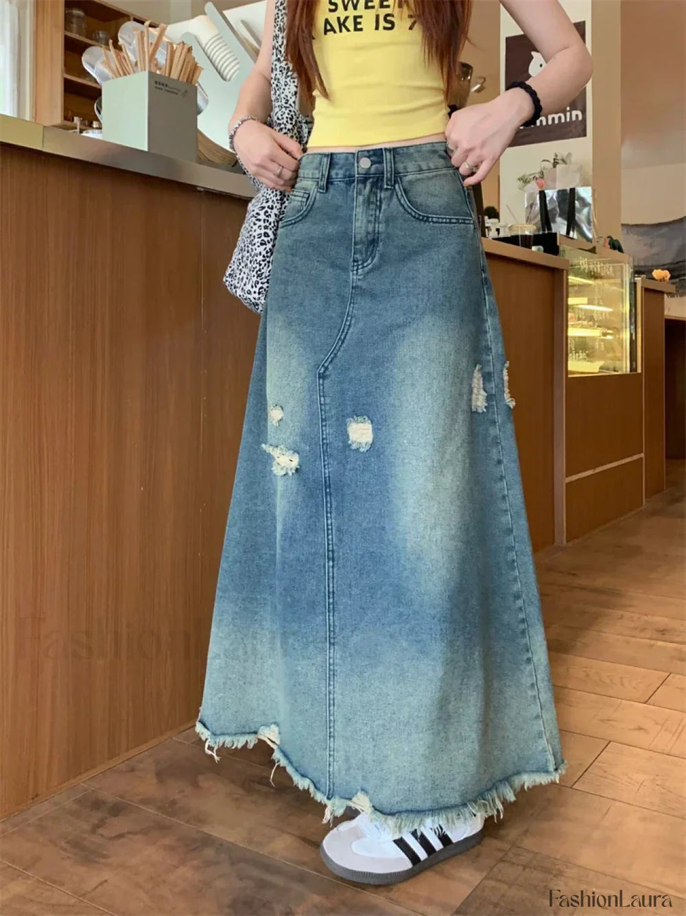 Design Heavy Industry Washed Ripped Raw Hem Long Skirt Blue / S