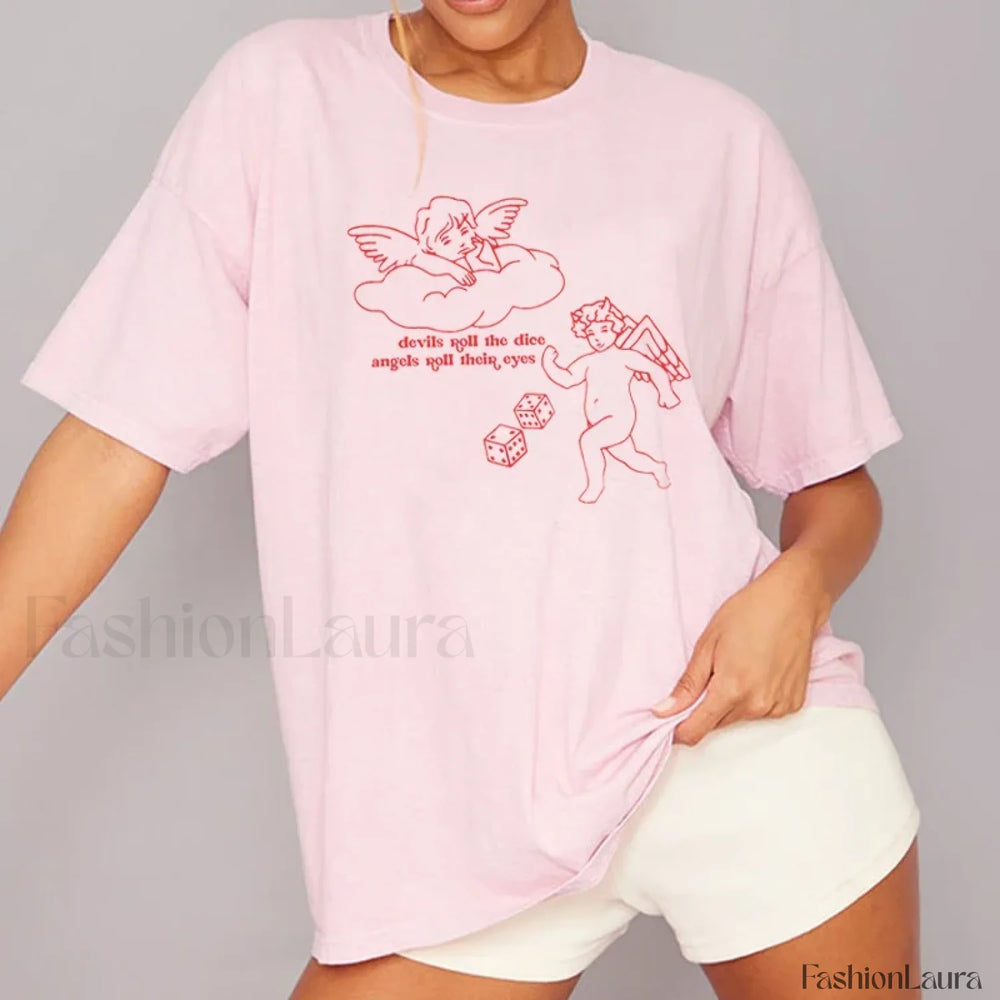 Devils Roll The Dice Cute Cartoon Vintage T Shirt Pink / S