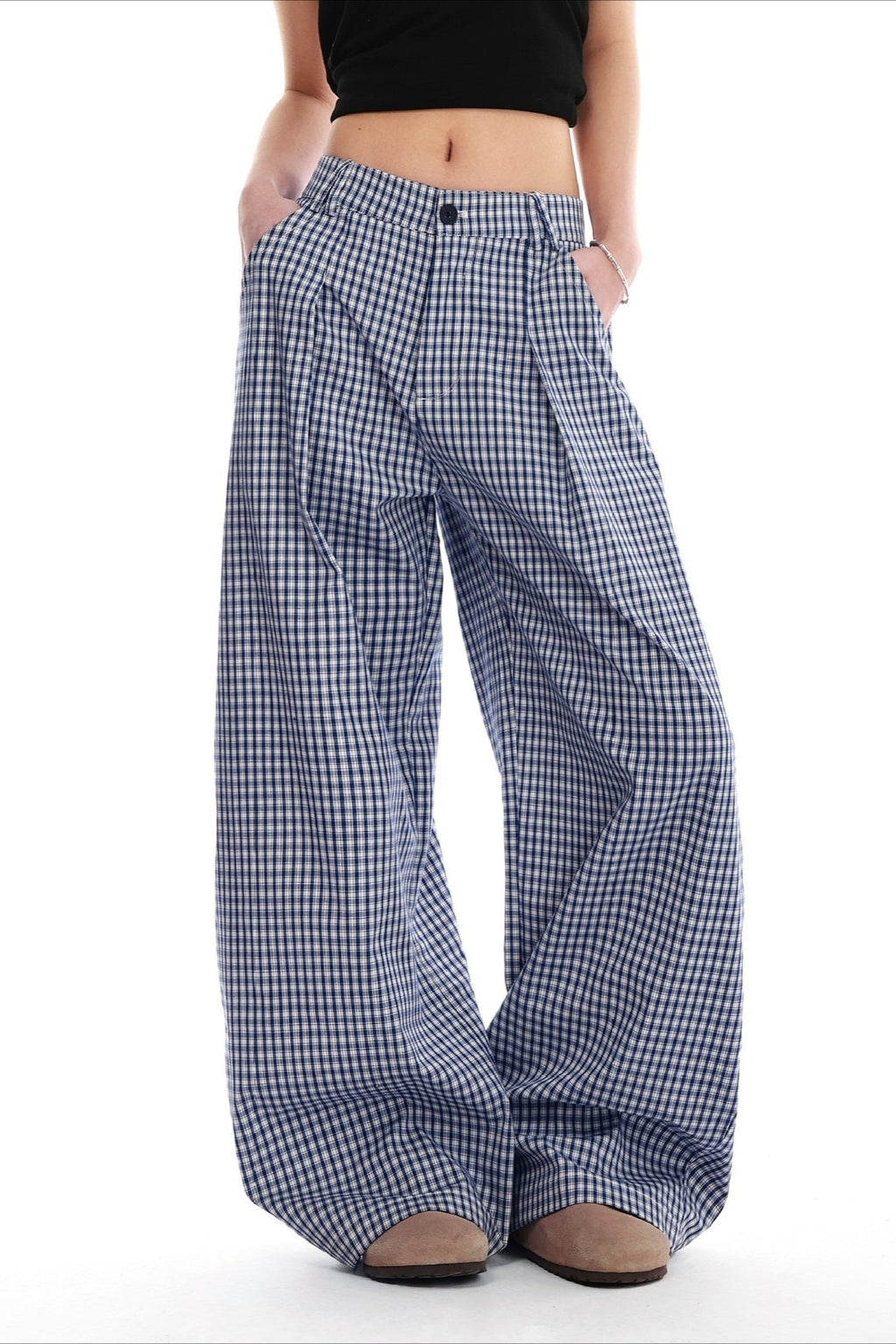 Blue Plaid Pleated Wide Leg Pants