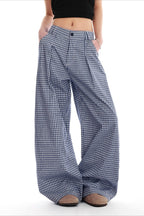 Blue Plaid Pleated Wide Leg Pants