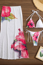 Floral Print Mesh Long Skirt Three Piece Swim Set