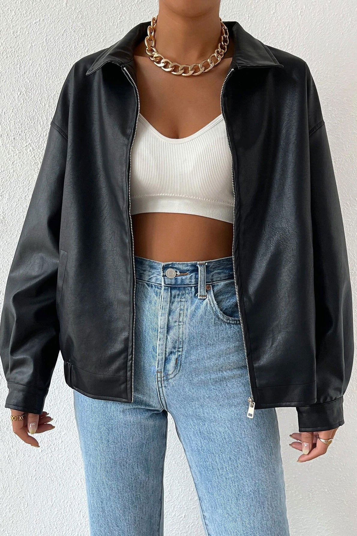 Solid Color Leather Look Jacket Black / S Main image