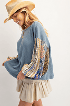 Waffle Knit Patchwork Sleeve Sweatshirt