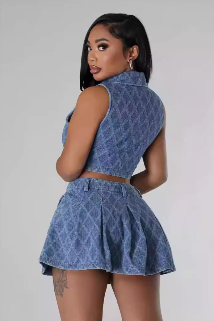 Washed Plaid Denim Crop Top Skirt Set