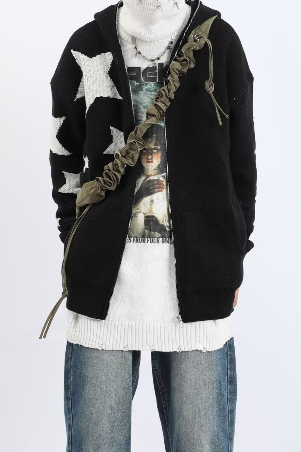 Star Pattern Vintage Knit Zip Up Hoodie