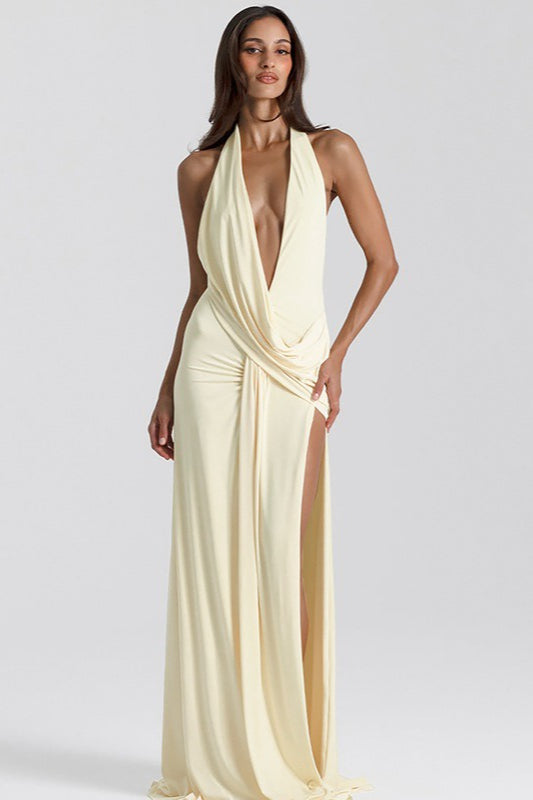 Deep V Halter Ruched Backless High Slit Maxi Dress Secondary image