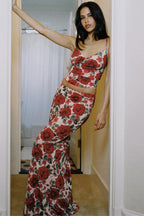 V Neck Floral Print Bodycon Maxi Skirt Set
