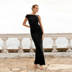 Diagonal Collar High Waist Slim Fit Hip Wrapped Maxi Dress