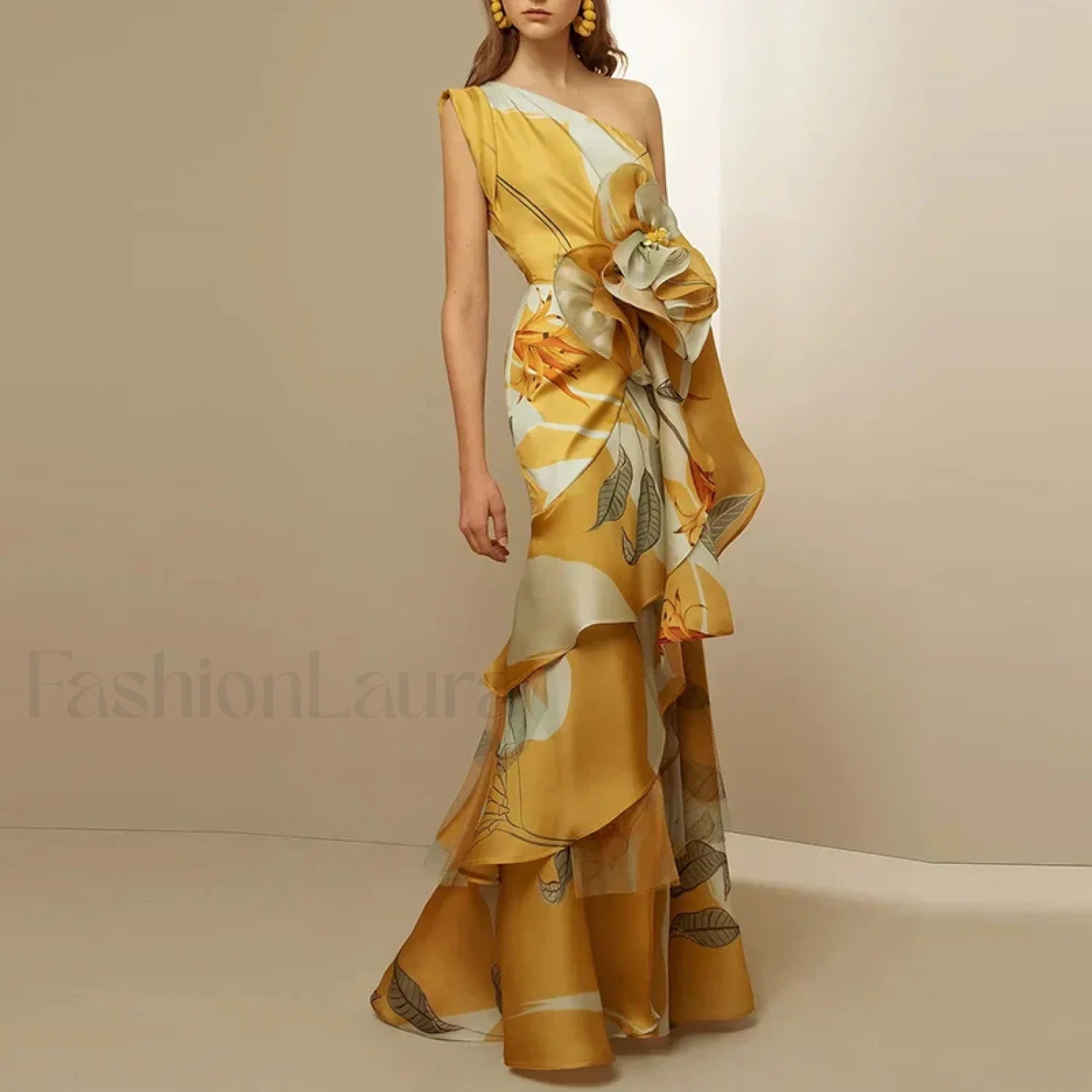 Diagonal Collar Hollow Floral Dress Main image