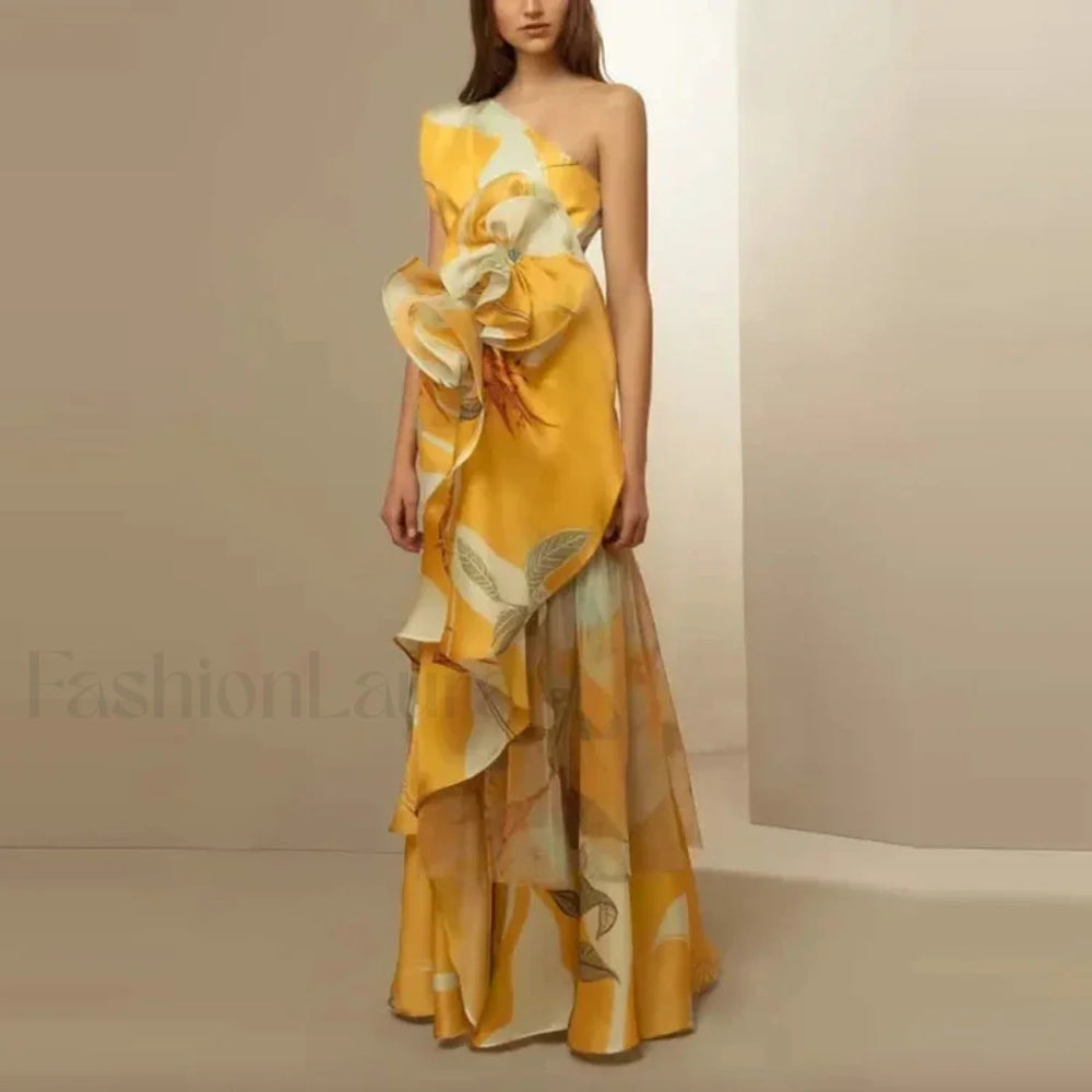 Diagonal Collar Hollow Floral Dress