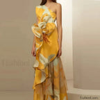 Diagonal Collar Hollow Floral Dress