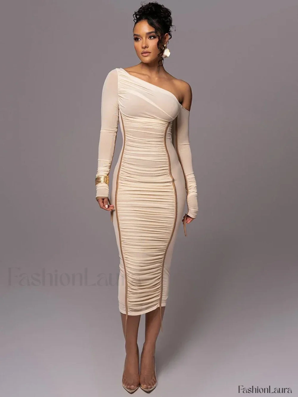 Diagonal Collar Mesh Backless Ruched Bodycon Long Midi Dress