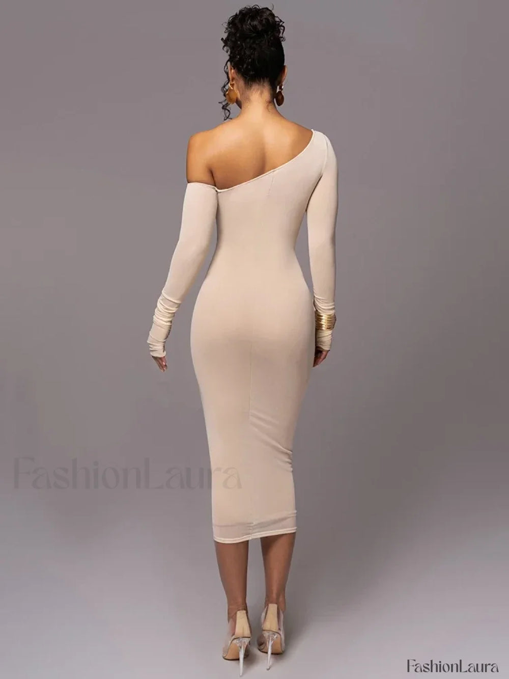 Diagonal Collar Mesh Backless Ruched Bodycon Long Midi Dress