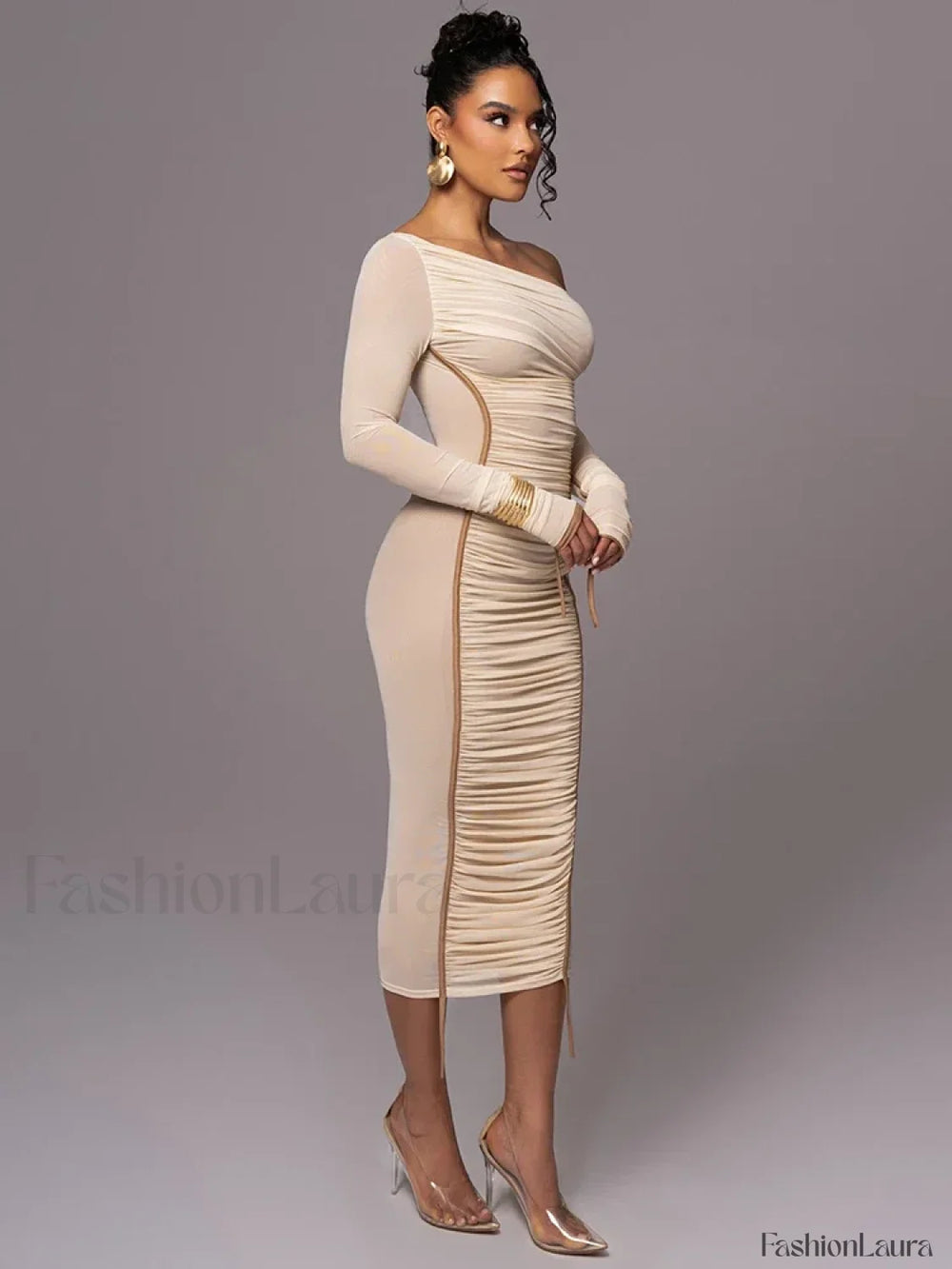 Diagonal Collar Mesh Backless Ruched Bodycon Long Midi Dress